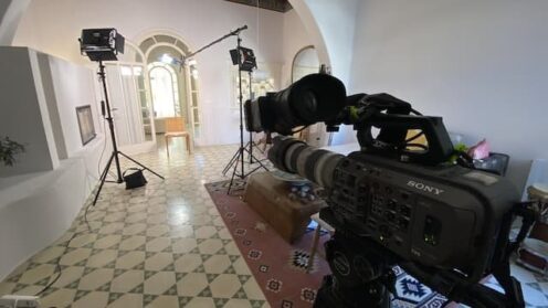 filming setup for lit interviews in an old Spanish house