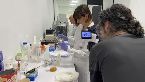 Camera crew films b-roll in laboratory in Basque Country, Spain.